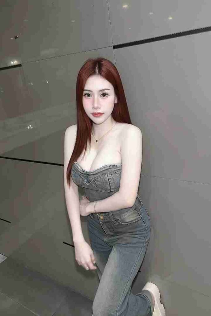 KL Escort Girl Woman in denim outfit leaning against a wall Malaysia Sex Call Girl