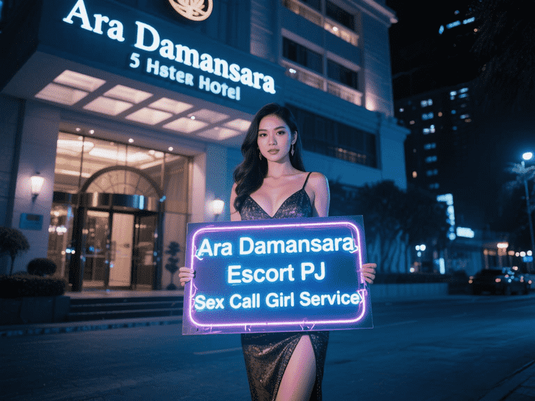 Ara Damansara escort holding sign in front of hotel at night. "Ara Damansara Escort PJ. Sex Call Girl Service