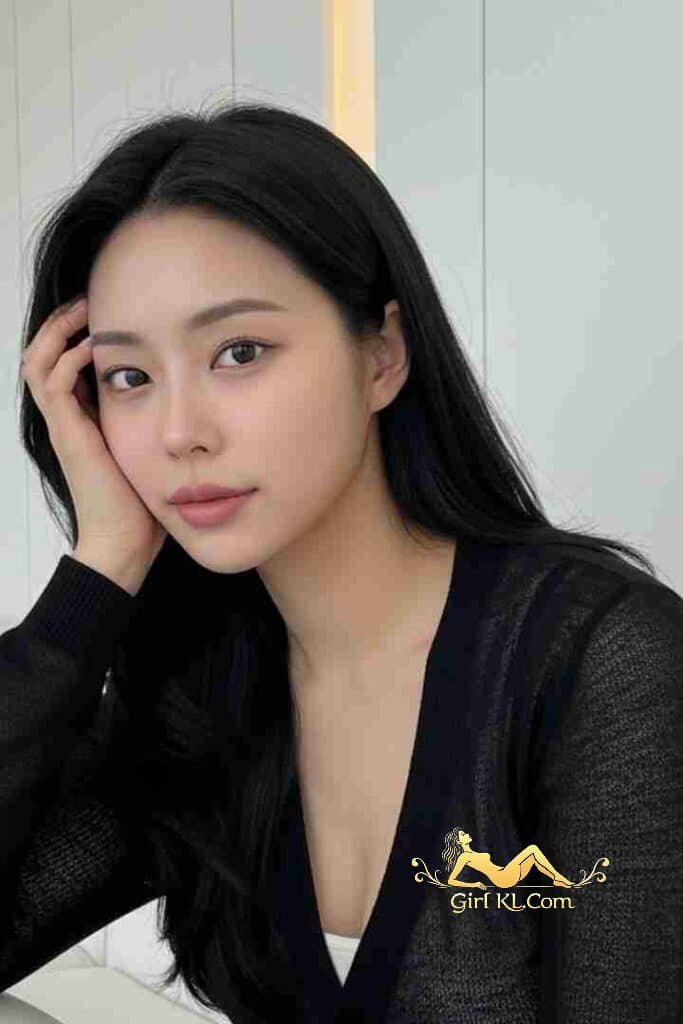 Elegant Asian woman with black hair and soft makeup, posing with hand on face.