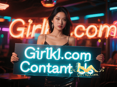 Asian woman holding "Girl1kl.com Contant Us" sign with neon lights.