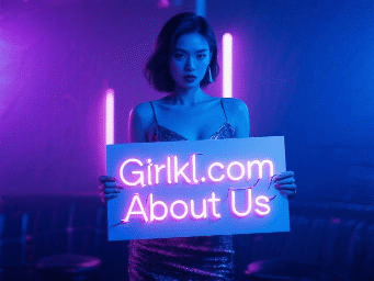 Girl holding a sign that reads Girlkl.com About Us, neon lighting.