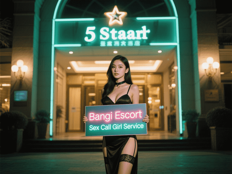 Bangi Escort Girl holding sign for sex call girl service in front of 5-star hotel.