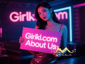 Girl holding "Girlkl.com About Us" sign in a nightclub setting with neon lights. Nightlife advertisement.