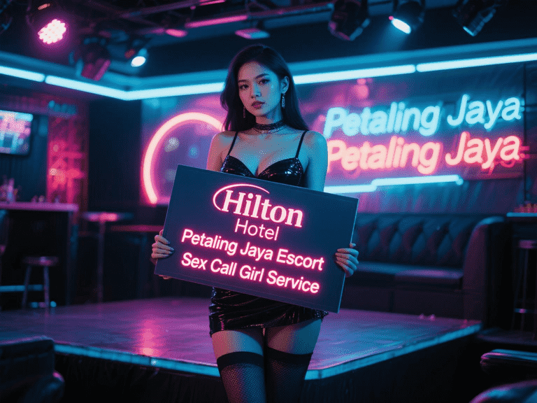 Woman holding Hilton Petaling Jaya Hotel escort service sign in neon-lit setting. Sex Call Girl Service.