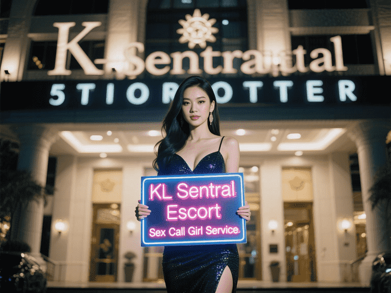 Woman in dress holds "KL Sentral Escort" sign in front of hotel.