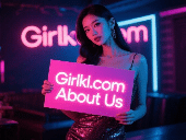 Girl holding "Girlkl.com About Us" sign. Blowjob service ad with sexy Malaysia escort girl.