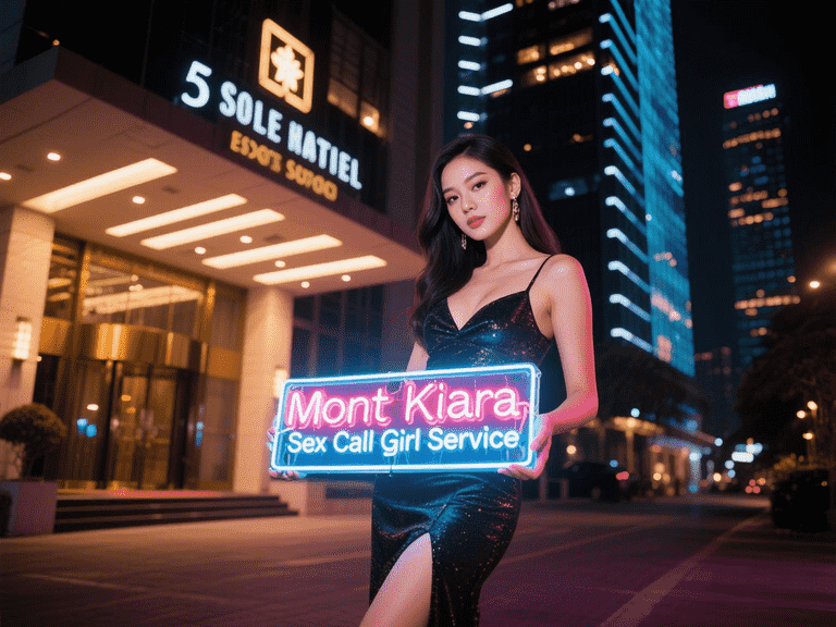 Elegant woman holding a Mont Kiara escort service sign at night in front of a hotel.