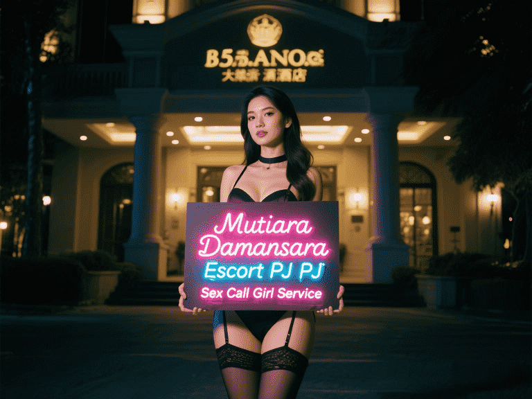 Mutiara Damansara escort girl holding neon sign. B5.5.ANO hotel in background.