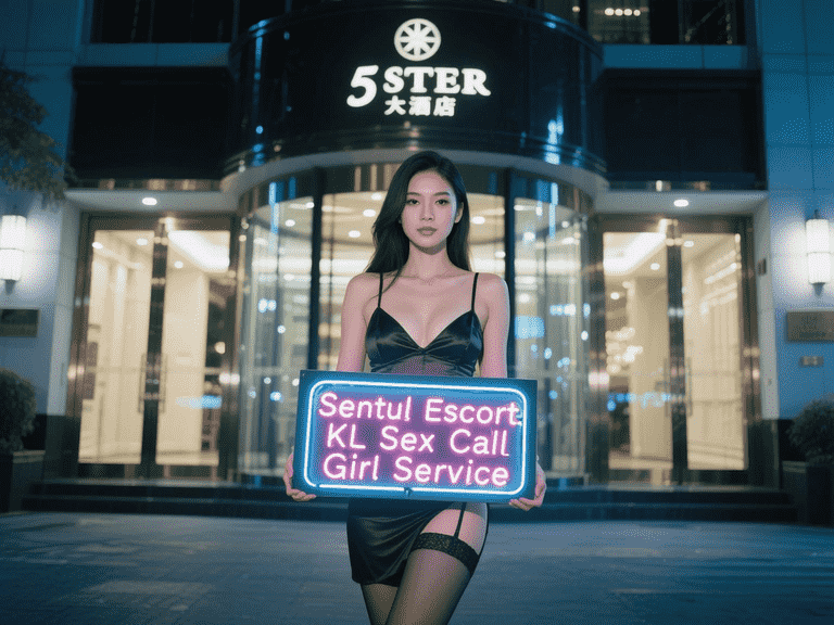 Sentul escort holding neon sign for KL sex call girl service in front of hotel.