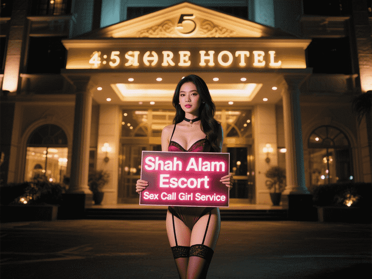 Shah Alam escort girl holding sign in front of 4:5 Shore Hotel. Sex call girl service.