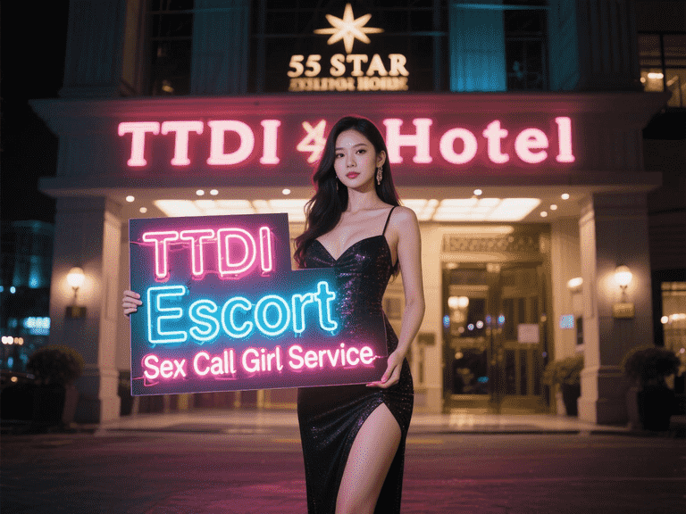 TTDI Escort girl holding neon sign in front of hotel at night.