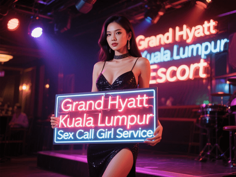 Woman in dress holds "Grand Hyatt Kuala Lumpur" neon sign. Nightclub setting.