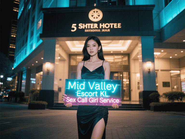 Woman holding "Mid Valley Escort KL" sign in front of hotel.
