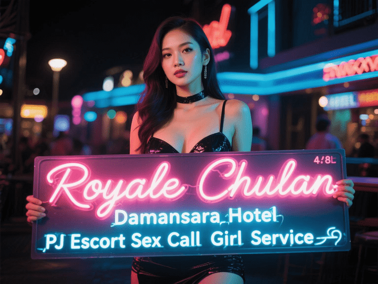 Woman holding "Royale Chulan" sign in a neon-lit, city street setting at night.