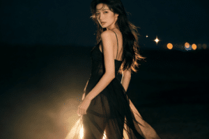 Elegant woman in black dress at night. Premium KL call girl aesthetic.