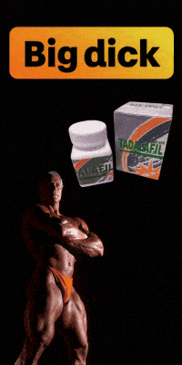 Bodybuilder with Tadalafil pills, text 