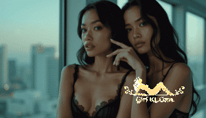 KL Escort Girl Two young Asian women in black lingerie posing near a window with a city view. Malaysia Sex Call Girl