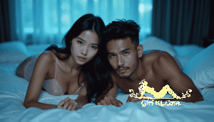 KL Escort Girl Couple lying on bed, looking at the camera in dim lighting Malaysia Sex Call Girl