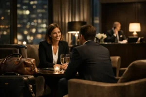 KL Escort Girl Couple enjoying champagne in a luxurious hotel lounge with city lights in background Malaysia Sex Call Girl
